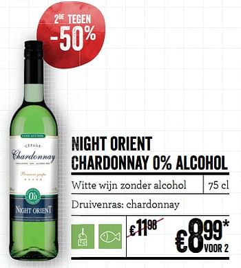 Promoties Night orient chardonnay 0% alcohol witte wijn zonder alcohol - Witte wijnen - Geldig van 21/02/2019 tot 20/03/2019 bij Delhaize