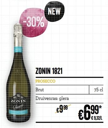 Promoties Zonin 1821 prosecco brut - Schuimwijnen - Geldig van 21/02/2019 tot 20/03/2019 bij Delhaize