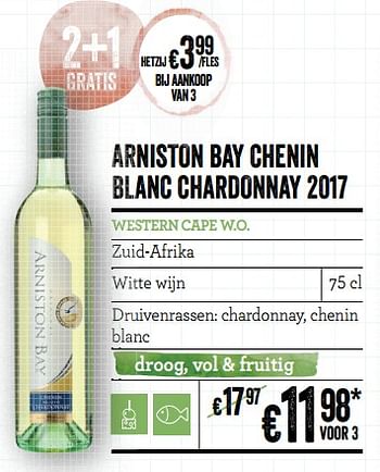Promoties Arniston bay chenin blanc chardonnay 2017 western cape w.o. zuid-afrika - Witte wijnen - Geldig van 21/02/2019 tot 20/03/2019 bij Delhaize