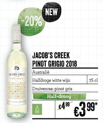 Promotions Jacob`s creek pinot grigio 2018 australië - Vins blancs - Valide de 21/02/2019 à 20/03/2019 chez Delhaize