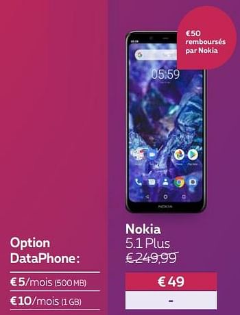 Promotions Nokia 5.1 plus - Nokia - Valide de 01/03/2019 à 31/03/2019 chez Proximus