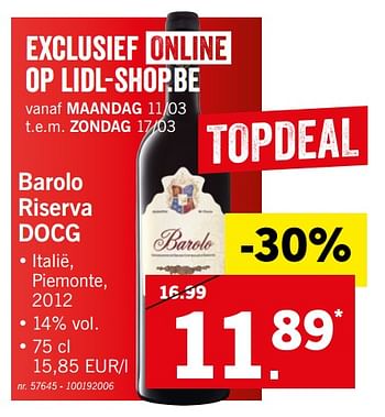 Promoties Barolo riserva docg - Rode wijnen - Geldig van 11/03/2019 tot 16/03/2019 bij Lidl