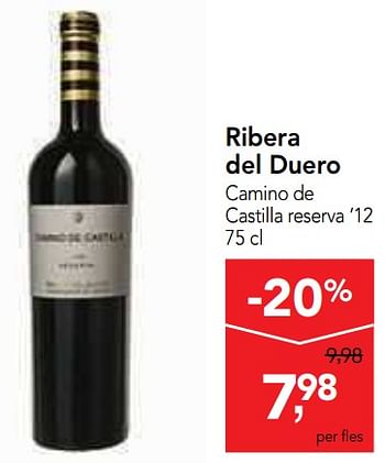 Promotions Ribera del duero camino de castilla reserva `12 - Vins rouges - Valide de 13/03/2019 à 26/03/2019 chez Makro