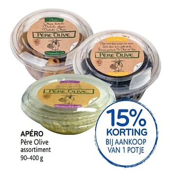 Promoties 15% korting bij aankoop van 1 potje apéro père olive assortiment - Pere olive - Geldig van 13/03/2019 tot 26/03/2019 bij Alvo