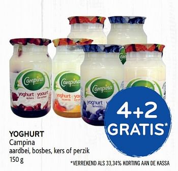 Promoties 4+2 gratis yoghurt campina aardbei, bosbes, kers of perzik - Campina - Geldig van 13/03/2019 tot 26/03/2019 bij Alvo