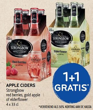 Promoties 1+1 gratis apple ciders strongbow red berries, gold apple of elderflower - Strongbow - Geldig van 13/03/2019 tot 26/03/2019 bij Alvo