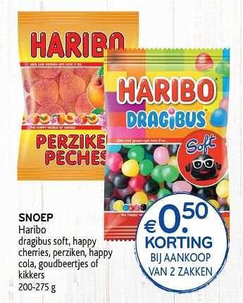Promoties Snoep haribo dragibus soft, happy cherries, perziken, happy cola, goudbeertjes of kikkers - Haribo - Geldig van 13/03/2019 tot 26/03/2019 bij Alvo