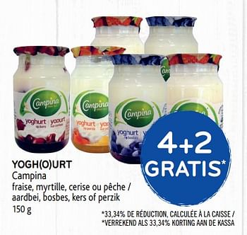 Promoties Yogh o urt campina fraise, myrtille, cerise ou pêche - Campina - Geldig van 13/03/2019 tot 26/03/2019 bij Alvo