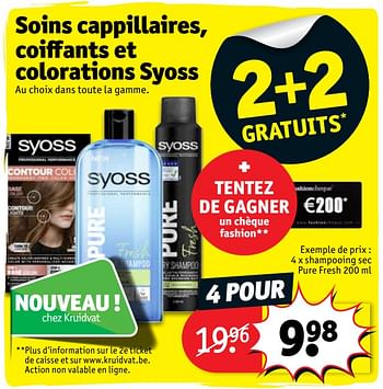 Promotions 4 x shampooing sec pure fresh - Syoss - Valide de 12/03/2019 à 24/03/2019 chez Kruidvat