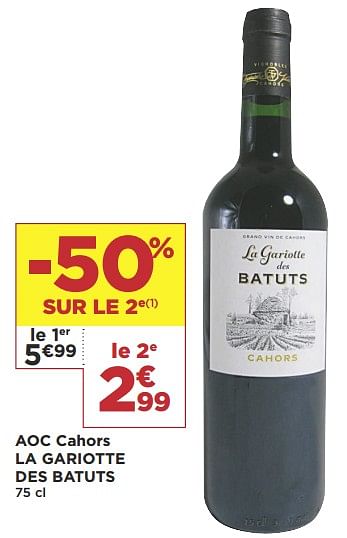 Promotions Aoc cahors la gariotte des batuts - Vins rouges - Valide de 12/03/2019 à 24/03/2019 chez Super Casino