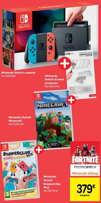 Promoties Nintendo switch-console + nintendo switch screen protector +nintendo switch minecraft +nintendo switch snipperclips plus - Nintendo - Geldig van 13/03/2019 tot 25/03/2019 bij Carrefour
