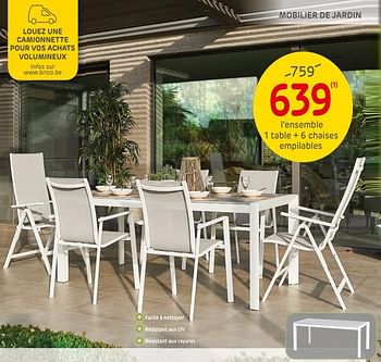 Promotions L`ensemble 1 table + 6 chaises empilables - Produit maison - Brico - Valide de 01/04/2019 à 30/06/2019 chez Brico