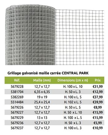 Promoties Grillage galvanisé maille carrée central park - Central Park - Geldig van 01/04/2019 tot 30/06/2019 bij Brico