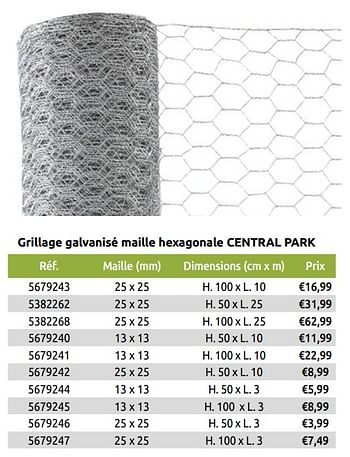 Promoties Grillage galvanisé maille hexagonale central park - Central Park - Geldig van 01/04/2019 tot 30/06/2019 bij Brico