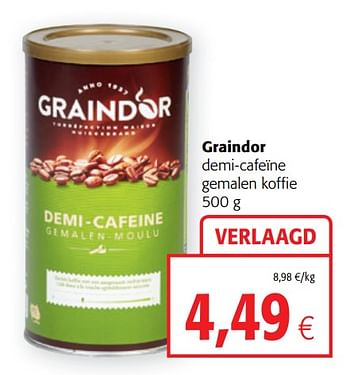Promoties Graindor demi-cafeïne gemalen koffie - Graindor - Geldig van 13/03/2019 tot 26/03/2019 bij Colruyt