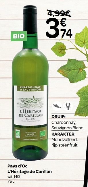 Promoties Pays d`oc l`héritage de carillan wit, mo - Witte wijnen - Geldig van 13/03/2019 tot 31/03/2019 bij Carrefour