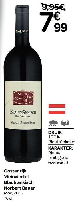 Promoties Oostenrijk weinviertel blaufränkisch norbert bauer rood, 2016 - Rode wijnen - Geldig van 13/03/2019 tot 31/03/2019 bij Carrefour