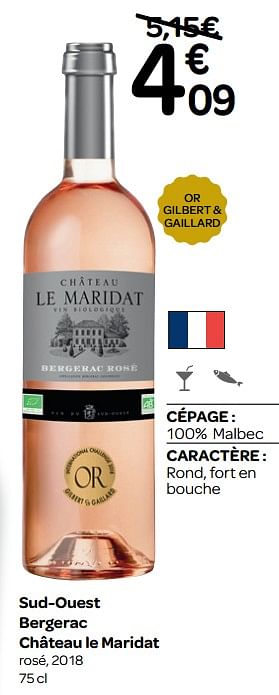 Promoties Sud-ouest bergerac château le maridat rosé, 2018 - Rosé wijnen - Geldig van 13/03/2019 tot 31/03/2019 bij Carrefour