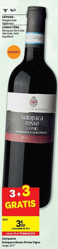 Promoties Campanie solopaca rosso prime vigne rouge, 2017 - Rode wijnen - Geldig van 13/03/2019 tot 31/03/2019 bij Carrefour