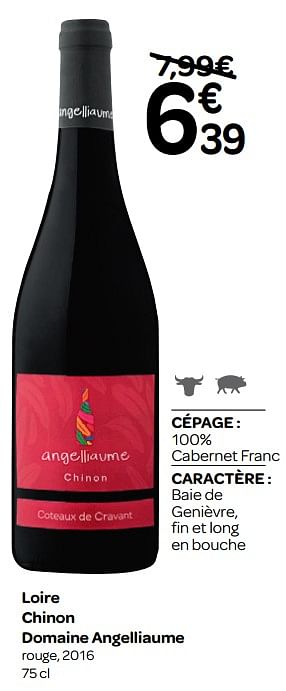 Promotions Loire chinon domaine angelliaume rouge, 2016 - Vins rouges - Valide de 13/03/2019 à 31/03/2019 chez Carrefour
