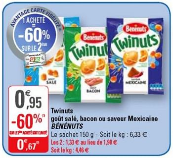 Promoties Twinuts goût salé. bacon ou saveur mexicaine bénénuts - Benenuts - Geldig van 13/03/2019 tot 24/03/2019 bij G20