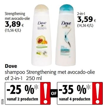 Promoties Dove shampoo strengthening met avocado-olie of 2-in-1 - Dove - Geldig van 13/03/2019 tot 26/03/2019 bij Colruyt