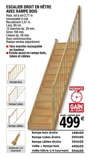 Promotions Escalier droit en hêtre avec rampe bois - Produit Maison - Brico Depot - Valide de 08/03/2019 à 28/03/2019 chez Brico Depot