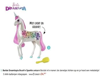Promoties Barbie dreamtopia brush`n sparkle unicorn - Mattel - Geldig van 21/03/2019 tot 22/04/2019 bij Dreamland