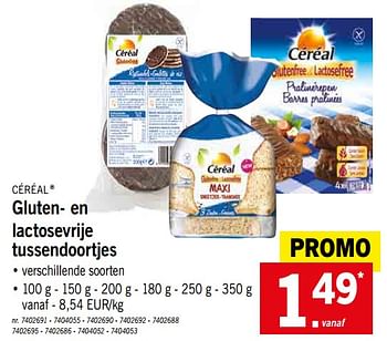 Promotions Gluten- en lactosevrije tussendoortjes - Céréal - Valide de 25/03/2019 à 30/03/2019 chez Lidl