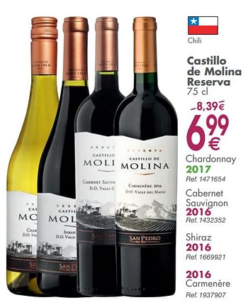 Promotions Castillo de molina reserva chardonnay 2017 - Vins blancs - Valide de 05/03/2019 à 31/03/2019 chez Cora