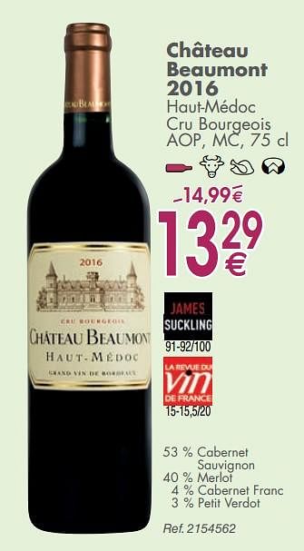 Promoties Château beaumont 2016 haut-médoc cru bourgeois aop, mc - Rode wijnen - Geldig van 05/03/2019 tot 31/03/2019 bij Cora