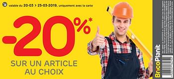 Promotions -20% sur un article au choix - Produit maison - BricoPlanit - Valide de 19/03/2019 à 25/03/2019 chez BricoPlanit