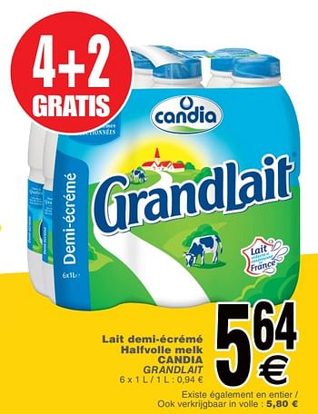 Promoties Lait demi-écrémé halfvolle melk candia grandlait - CANDIA - Geldig van 19/03/2019 tot 25/03/2019 bij Cora