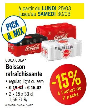 Promotions Boisson rafraîchissante - Coca Cola - Valide de 25/03/2019 à 30/03/2019 chez Lidl