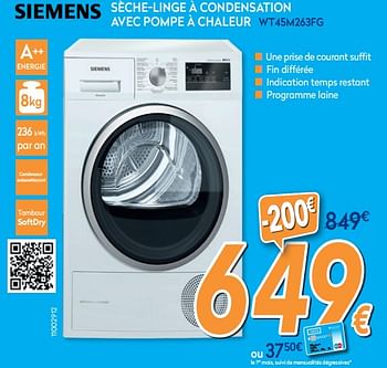 Promotions Siemens sèche-linge à condensation avec pompe à chaleur wt45m263fg - Siemens - Valide de 25/03/2019 à 24/04/2019 chez Krefel