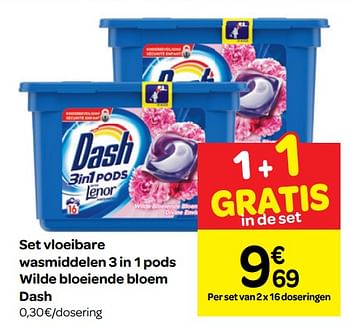 Promoties Set vloeibare wasmiddelen 3 in 1 pods wilde bloeiende bloem dash - Dash - Geldig van 20/03/2019 tot 01/04/2019 bij Carrefour