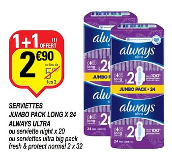 Promoties Serviettes jumbo pack long x 24 always ultra - Always - Geldig van 19/03/2019 tot 24/03/2019 bij Netto