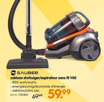 Promoties Sauber zakloze stofzuiger - aspirateur sans fil v60 - Sauber - Geldig van 20/03/2019 tot 02/04/2019 bij Blokker