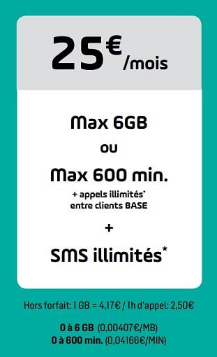 Promotions Max 6gb ou max 600 min. + appels illimités entre clients base + sms illimités - Produit Maison - Base - Valide de 18/03/2019 à 02/04/2019 chez Base