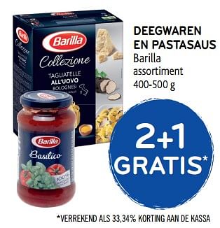 Promoties 2+1 gratis deegwaren en pastasaus barilla assortiment - Barilla - Geldig van 27/03/2019 tot 09/04/2019 bij Alvo