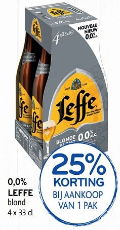 Promoties 25% korting bij aankoop van 1 pak 0,0% leffe blond - Leffe - Geldig van 27/03/2019 tot 09/04/2019 bij Alvo