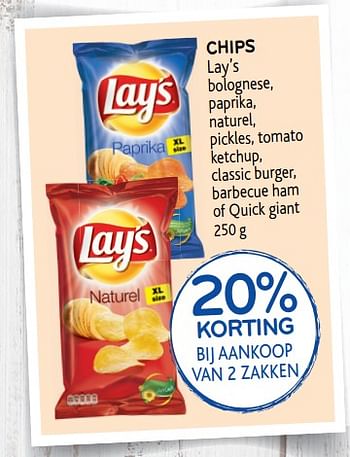 Promotions 20% korting bij aankoop van 2 zakken chips lay`s - Lay's - Valide de 27/03/2019 à 09/04/2019 chez Alvo