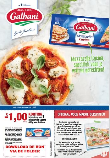 Promotions -1,00€ korting bij aankoop van 1 mozzarella cucina - Galbani - Valide de 12/04/2019 à 09/05/2019 chez Brochure de marques