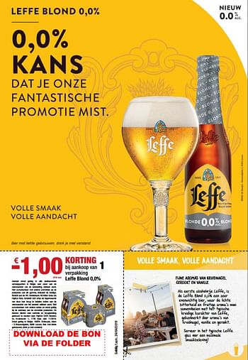 Promoties -1,00€ korting bij aankoop van 1 verpakking leffe blond 0,0% - Leffe - Geldig van 12/04/2019 tot 09/05/2019 bij Merkenfolder