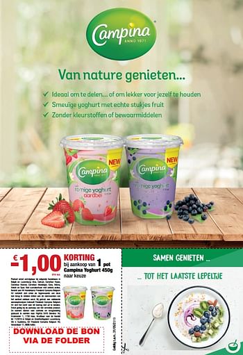 Promotions -1.00€ korting bij aankoop van 1 pot campina yoghurt 450g naar keuze - Campina - Valide de 12/04/2019 à 09/05/2019 chez Brochure de marques