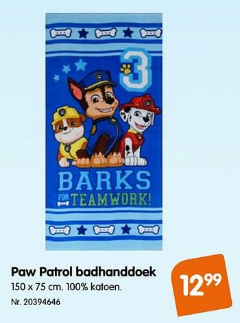 Promoties Paw patrol badhanddoek - PAW  PATROL - Geldig van 20/03/2019 tot 23/04/2019 bij Fun