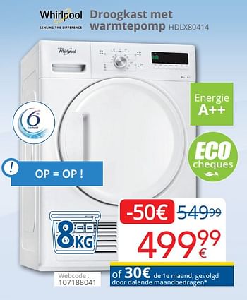 Promotions Whirlpool droogkast met warmtepomp hdlx80414 - Whirlpool - Valide de 01/04/2019 à 30/04/2019 chez Eldi