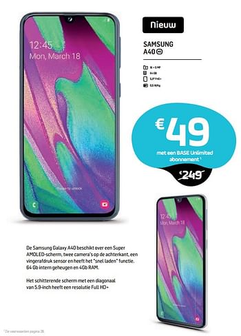 Promoties Samsung a40 - Samsung - Geldig van 01/04/2019 tot 06/05/2019 bij Base