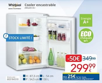 Promotions Whirpooi cooler encastrable arg451a+ - Whirlpool - Valide de 01/04/2019 à 30/04/2019 chez Eldi