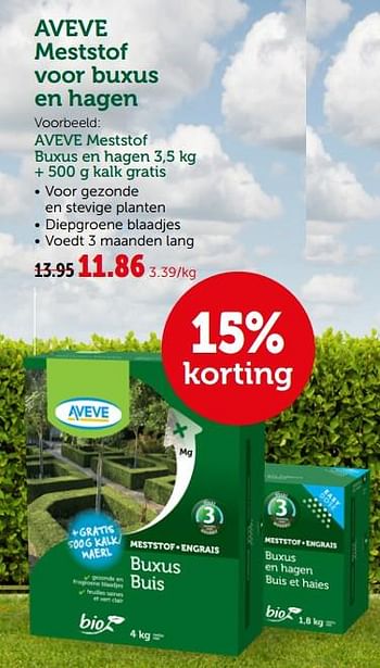 Promoties Aveve meststof voor buxus en hagen - Huismerk - Aveve - Geldig van 10/04/2019 tot 20/04/2019 bij Aveve